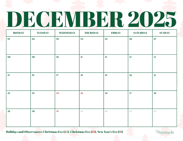December Calendar 2025 Green Christmas Minimalist Monday Start