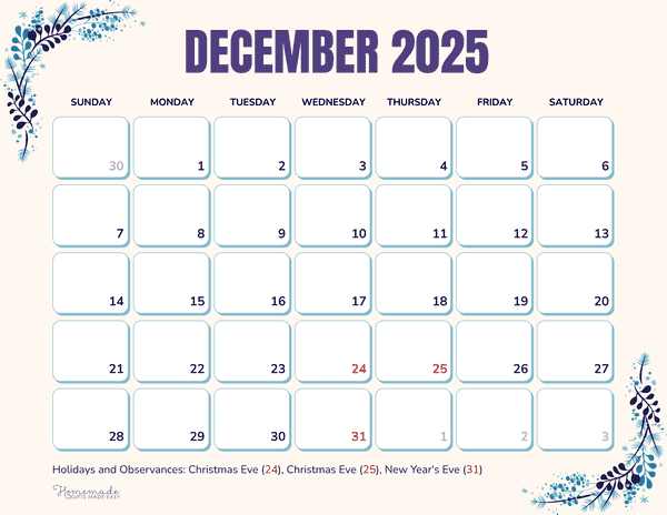 December Calendar 2025 Simple Cool Winter