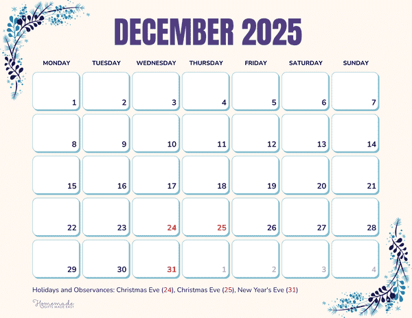 December Calendar 2025 Simple Cool Winter Monday Start