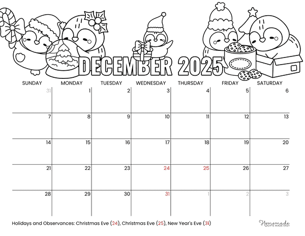 December Calendar 2025 Simple Cute Christmas Penguins to Color