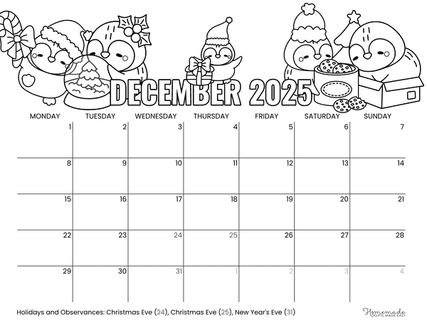 December Calendar 2025 Simple Cute Christmas Penguins to Color Monday Start