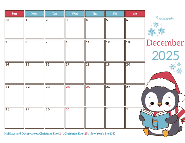 December Calendar 2025 Simple Cute Winter Penguin