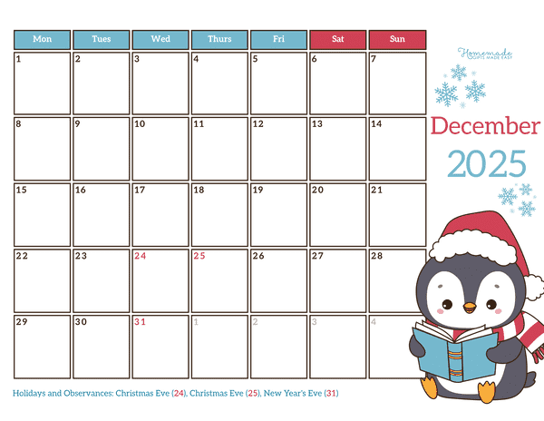 December Calendar 2025 Simple Cute Winter Penguin Monday Start