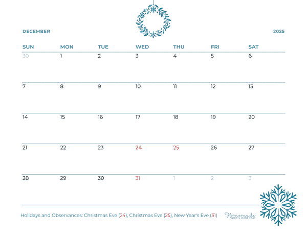 December Calendar 2025 Simple Elegant Blue