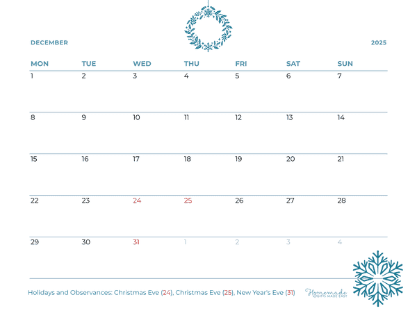 December Calendar 2025 Simple Elegant Blue Monday Start