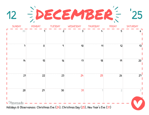 December Calendar 2025 Simple Playful