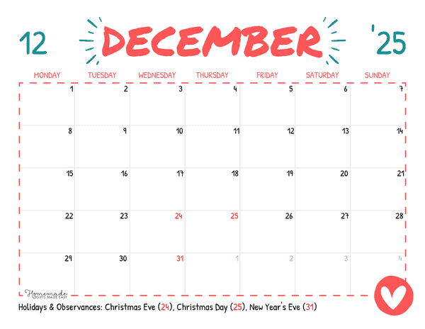 December Calendar 2025 Simple Playful Monday Start