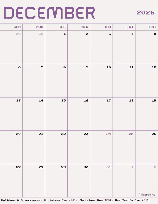 December Calendar 2026 Beige and Purple Minimalist Portrait