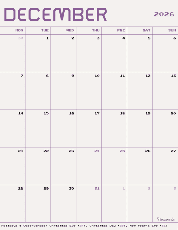 December Calendar 2026 Beige and Purple Minimalist Portrait Monday Start