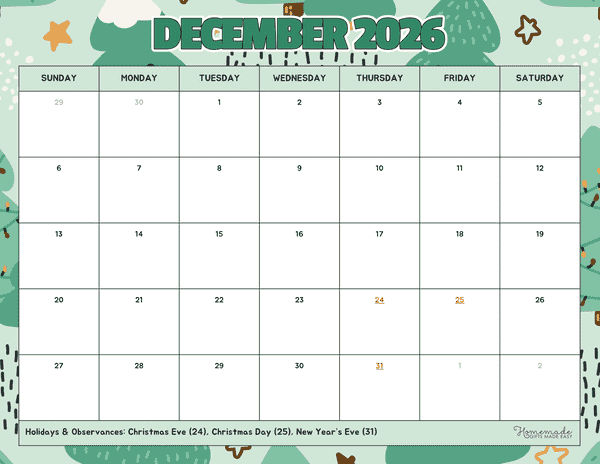 December Calendar 2026 Cute Illustrative Green