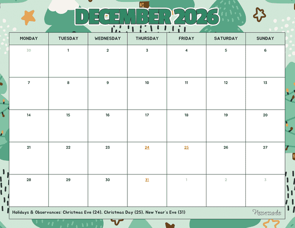 December Calendar 2026 Cute Illustrative Green Monday Start