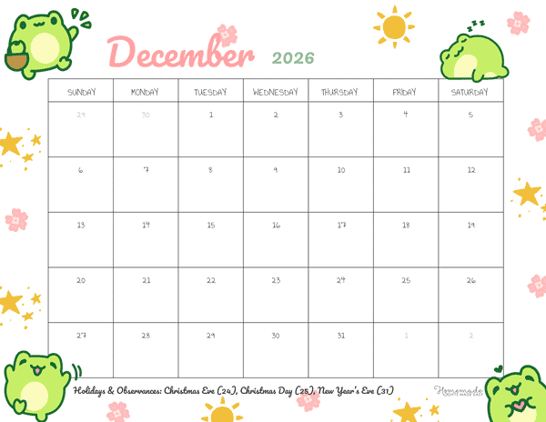 December Calendar 2026 Kawaii Green Frog Illustration