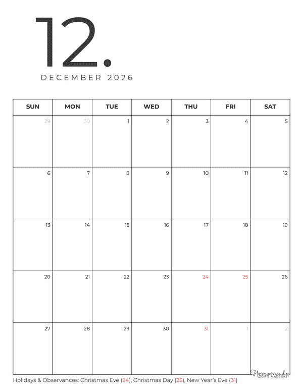 December Calendar 2026 Minimalist Portrait