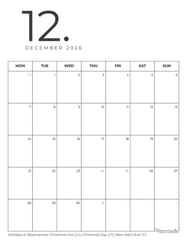 December Calendar 2026 Minimalist Portrait Monday Start