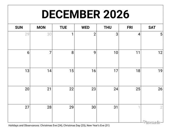 December Calendar 2026 Printable Blank