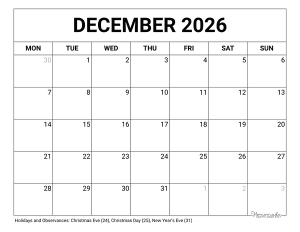 December Calendar 2026 Printable Blank Monday Start