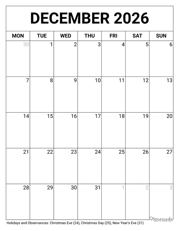 December Calendar 2026 Printable Blank Portrait Monday Start