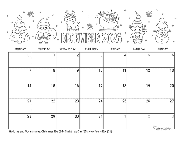 December Calendar 2026 Printable Christmas Holidays Coloring Landscape Monday Start