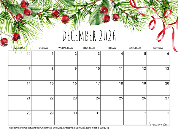 December Calendar 2026 Printable Christmas Landscape Monday Start