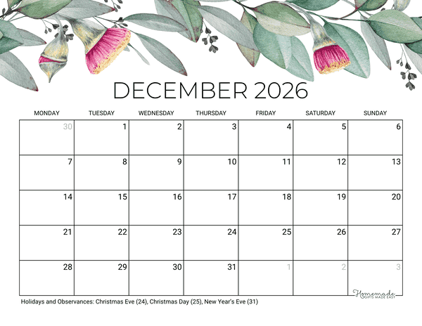 December Calendar 2026 Printable Eucalyptus Monday Start