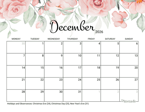 December Calendar 2026 Printable Rose Monday Start