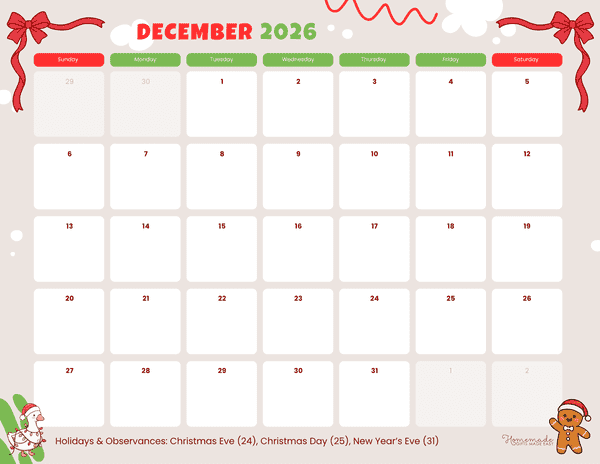 December Calendar 2026 Red Green Cute Abstract