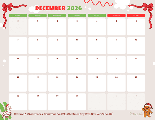 December Calendar 2026 Red Green Cute Abstract Monday Start