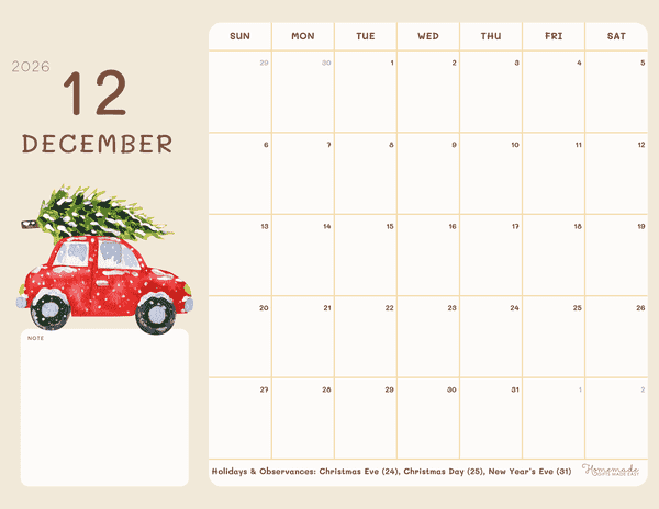 December Calendar 2026 Round Soft Brown Illustrative