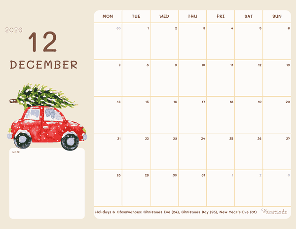 December Calendar 2026 Round Soft Brown Illustrative Monday Start