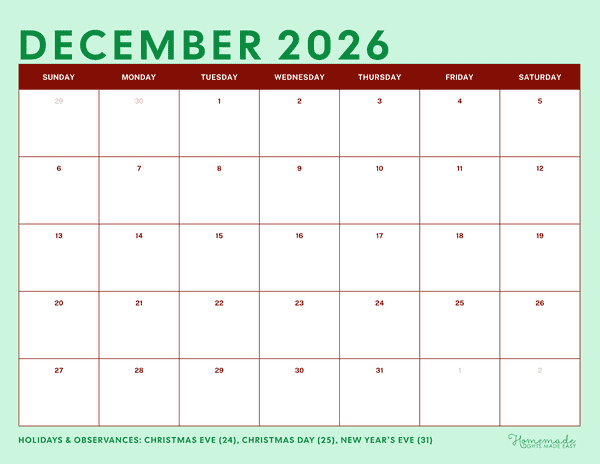 December Calendar 2026 Simple Festive Green and Red