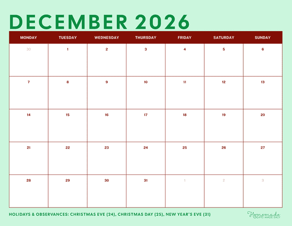 December Calendar 2026 Simple Festive Green and Red Monday Start