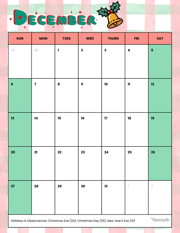 December Calendar 2026 Traditional Christmas Style