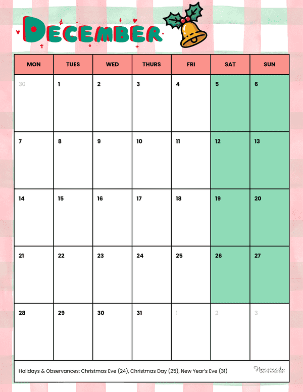 December Calendar 2026 Traditional Christmas Style Monday Start