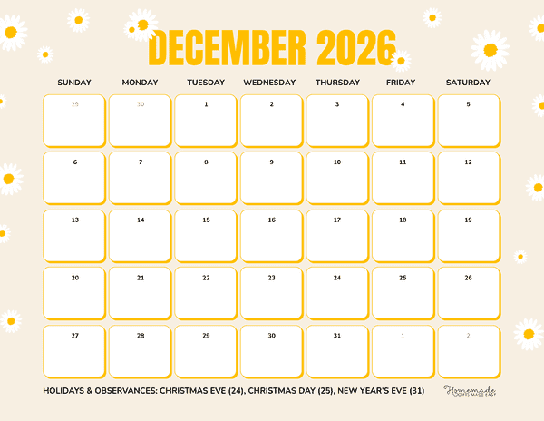 December Calendar 2026 Yellow and White Daisies