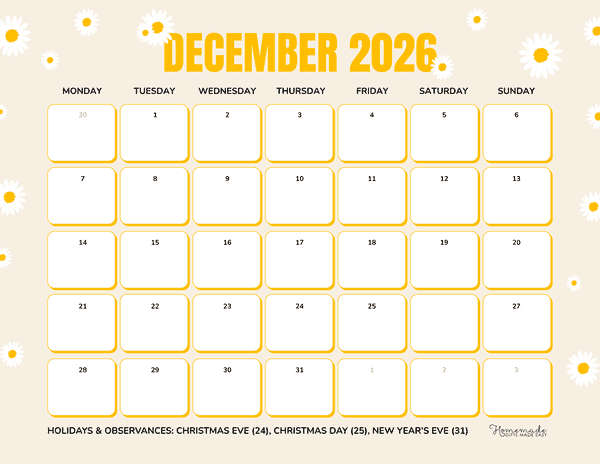 December Calendar 2026 Yellow and White Daisies Monday Start