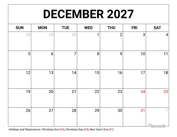 December Calendar 2027 Printable Blank