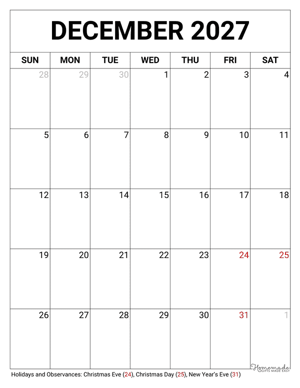 December Calendar 2027 Printable Blank Portrait