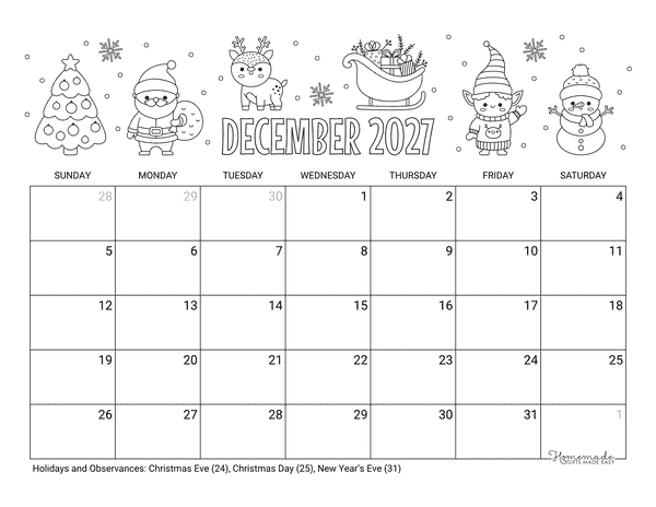 December Calendar 2027 Printable Christmas Holidays Coloring Landscape