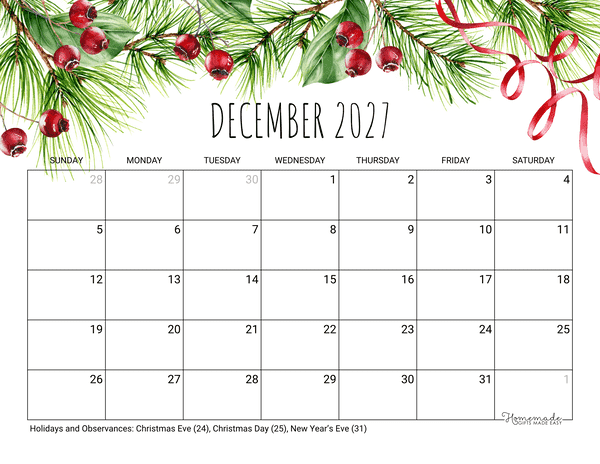 December Calendar 2027 Printable Christmas Landscape