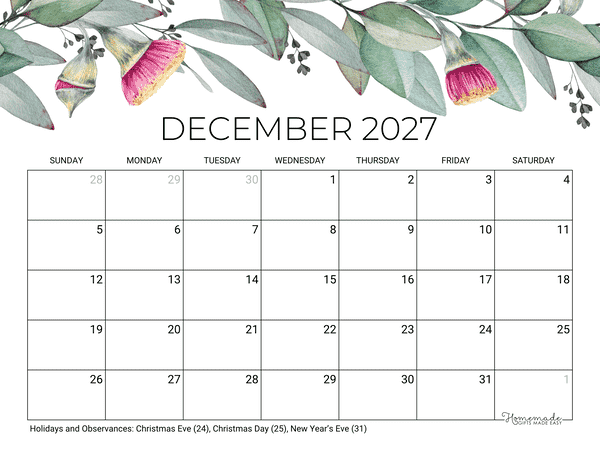 December Calendar 2027 Printable Eucalyptus