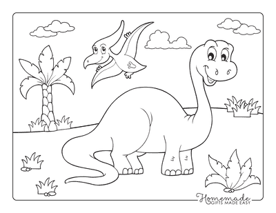 Dinosaur Coloring Pages Cartoon Brontosaurus and Flying Dinosaur