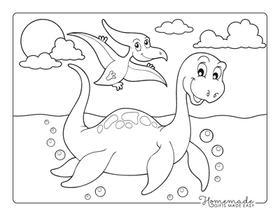 Dinosaur Coloring Pages Cartoon Plesiosaurus Swimming With Flying Dinosaur Above