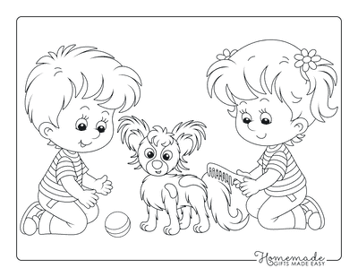 Dog Coloring Pages Children Playing With Puppy