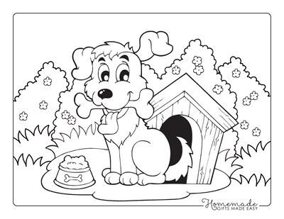 Dog Coloring Pages Cute Cartoon Puppy Kennel Food Bowl