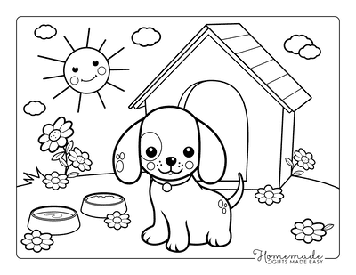 Dog Coloring Pages Cute Puppy With Kennel in Garden