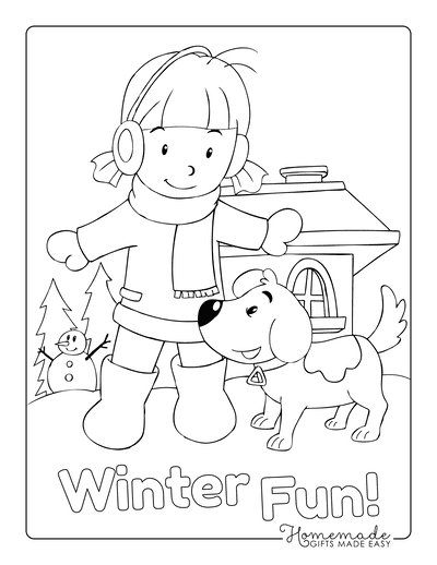 Dog Coloring Pages Cute Winter Girl Puppy Snow