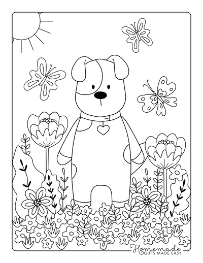 Dog Coloring Pages Garden Butterflies Flowers Cute Puppy