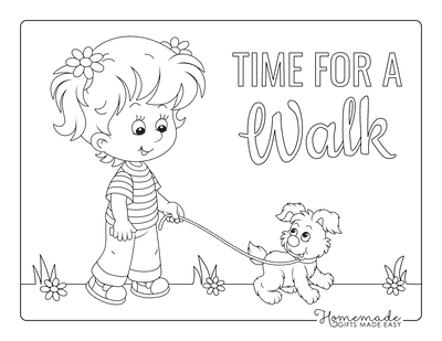 Dog Coloring Pages Little Girl Walking Puppy Dog