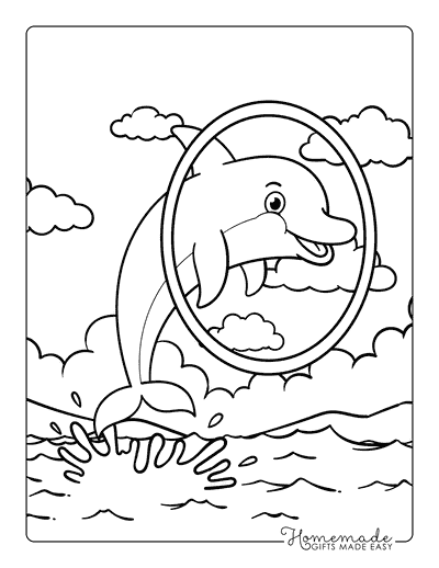 Dolphin Coloring Pages Cute Dolphin Jumping Through Hoop in the Sea