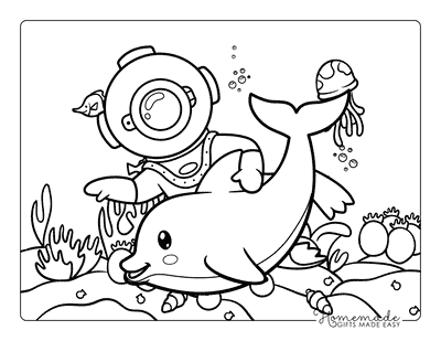 Dolphin Coloring Pages Fun Diver Swimming With Dolphin Coloring Page